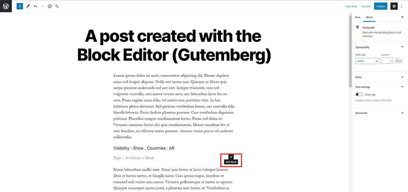 gutenberg geotargeted block add block