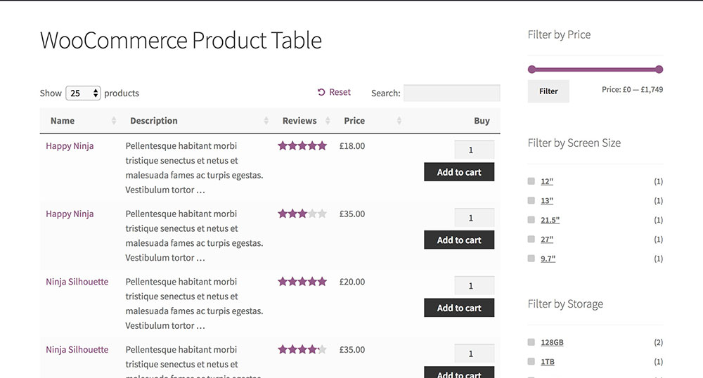 woocommerce table